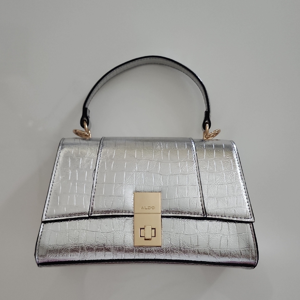 Aldo Rotoua Silver Gold Two Tone Metallic Top Handle Crossbody Mini Handbag